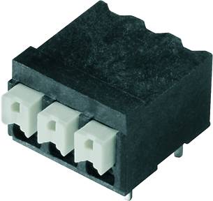 Schwarzer Kunststoffstecker mit drei weißen Anschlüssen, passend für elektronische Verbindungen, auf weißem Hintergrund.