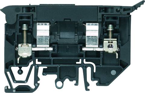Ansicht eines Modul-Elektronikgehäuses mit sichtbaren internen Kontakten und Federmechanismen in einer schwarzen Kunststoffstruktur.