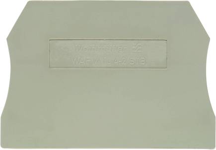Graue Weidmüller-Endplatte mit Aufschrift 'WAP WTI 4-2 STB'. Verwendet in elektrischen Anwendungen zur Sicherung von Klemmblöcken.