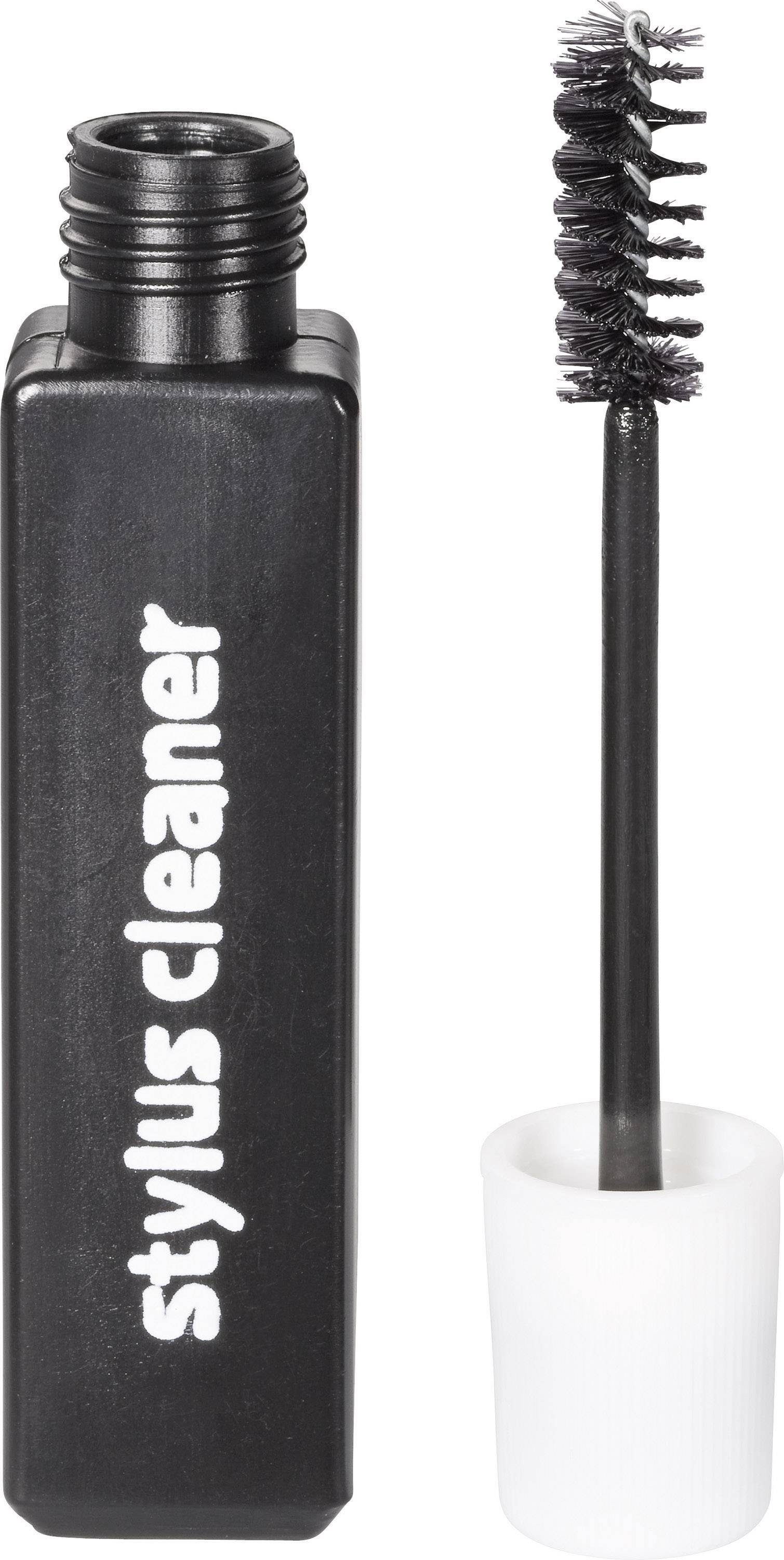 Flasche mit schwarzem 'stylus cleaner' Etikett und feine Bürste, verwendet zur Reinigung von Schallplattenspieler-Nadeln.