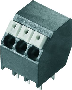 Schwarze Steckklemme mit drei weißen Anschlüssen und sechs Metallstiften an der Unterseite zur elektrischen Verbindung.