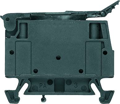 Ein graues, rechteckiges mechanisches Bauteil mit mehreren Aussparungen und Hebeln auf der Oberseite, vermutlich Teil eines Geräts.