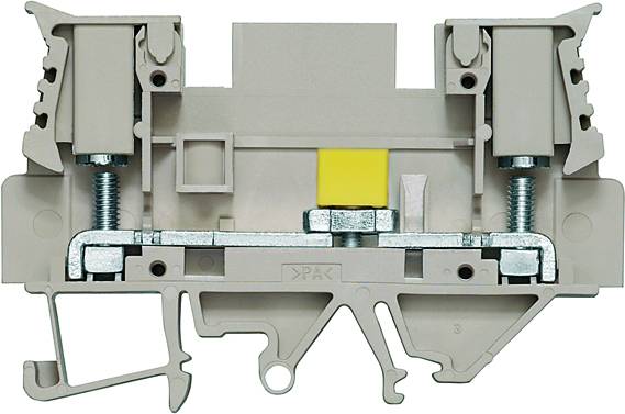 Elektrische Klemme aus Kunststoff mit Metallteilen, zeigt zwei Schrauben für Drahtverbindungen, verwendet zur elektrischen Verdrahtung.