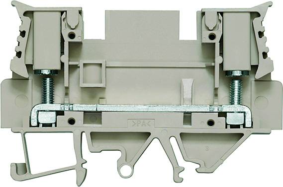Eine graue Klemmenleiste mit zwei Schraubanschlüssen und Metallelementen, die zur elektrischen Verbindung und Sicherung verwendet wird.