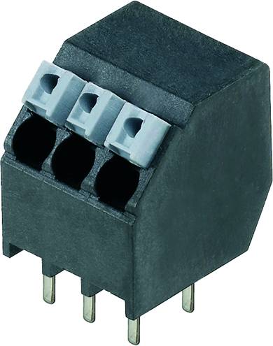 Schwarzer, rechtwinkliger Steckverbinder mit drei grauen Klemmen und vier Metallstiften, geeignet für elektrische Verbindungen.