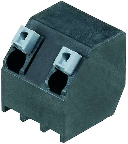 Ein schwarzes elektrisches Steckmodul mit zwei grauen Anschlussklemmen oben, verwendet zur Verbindung von Kabeln auf Leiterplatten.