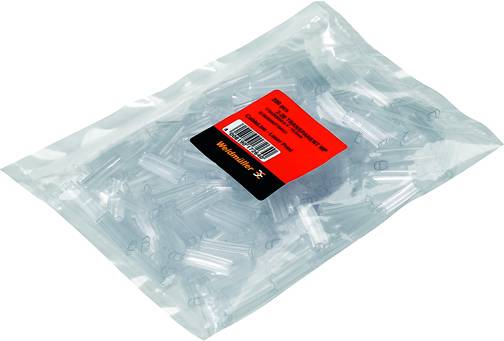 Tüte mit vielen transparenten Kunststoffdübel, etikettiert mit Produktinformationen. Links oben ein rotes Etikett mit Barcode.