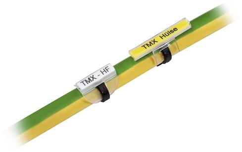 Zwei Kabel, eines gelb-grün und eines gelb, mit Etiketten 'TMX-HF' und 'TMX Hülse', verbunden durch transparente Clips.
