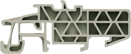 Querschnitt eines PVC-Profils mit komplexen Kammern und Verstärkungen, verwendet in Fensterrahmen zur Wärmedämmung und Stabilität.