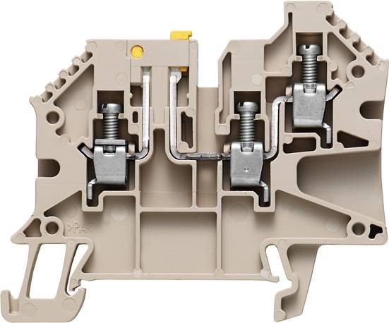 Kunststoff-Doppelstockklemme mit zwei getrennten Anschlüssen und Schraubbefestigung, in Beige. Verwendet in elektrischen Schaltschränken.