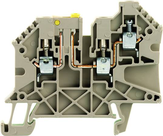 Grauer Reihenklemmenblock mit zwei Schraubanschlüssen, metallischen Verbindungen und Kunststoffgehäuse, verwendet für elektrische Verdrahtung.