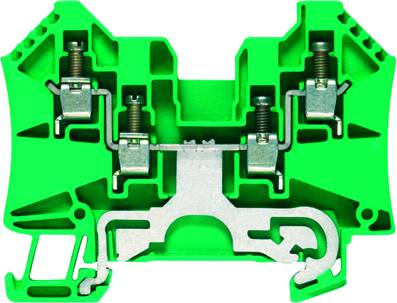 Grüne Klemme mit Metallelementen, die elektrischen Draht verbinden.