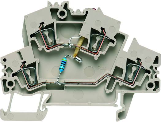 Abbildung eines grauen elektrischen Klemmblocks mit eingebauten Widerständen und Anschlussklemmen, zur Verdrahtung in Schaltschränken.