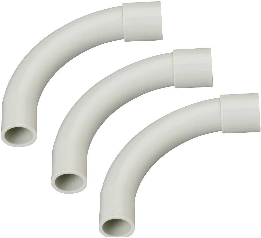 Drei weiße PVC-Rohre, jeweils in einem 90-Grad-Bogen gebogen, übereinander angeordnet vor einem neutralen Hintergrund.