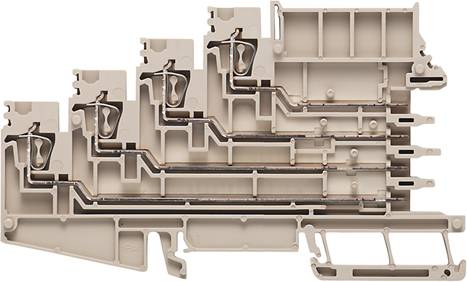 Ein Querschnitt eines modularen Klemmenblocks mit mehreren Ebenen, der die interne Verdrahtung und Klemmpositionen zeigt.