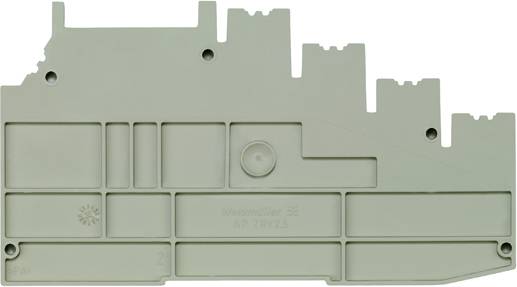 Rückwand für Klemmenblock, hellgrau, mit sichtbaren Aufklebern und Text: Schutzklasse 2. Rechteckige Aussparungen links.