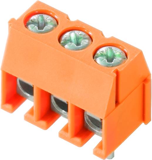 Dreipolige orange Klemmenleiste, geeignet für elektrische Verbindungen, mit Schraubanschlüssen zur Kabelbefestigung.