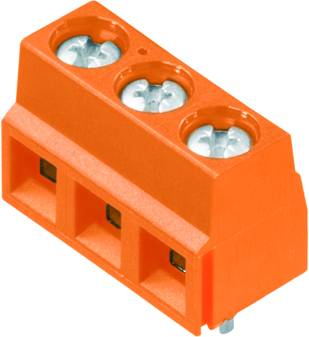 Ein orangefarbener dreipoliger Klemmblock mit drei Schraubanschlüssen oben, verwendet zur sicheren Befestigung von elektrischen Leitungen.