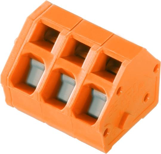 Orangefarbene, dreipolige Klemmenleiste mit Federanschluss, zur sicheren elektrischen Verbindung von Drähten in elektrischen Anlagen.