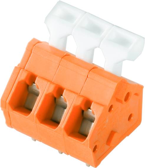 Dreipolige Klemmenleiste in Orange mit weißen Hebeln, zum Verbinden von Drähten in elektrischen Schaltungen.