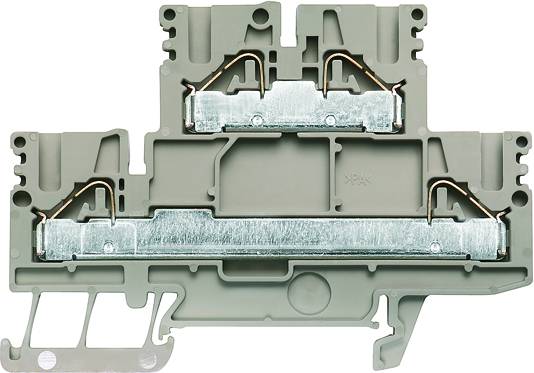 Graue, elektrische Reihenklemme mit zwei Etagen, Metallkontaktleisten und Befestigungsmechanismus.