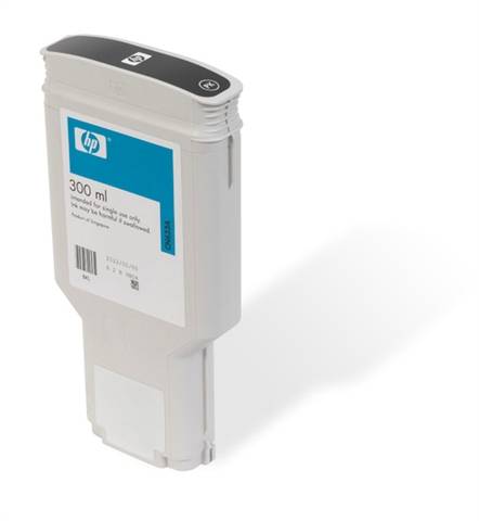 Ein graues HP-Tintenpatrone mit blauem Etikett zeigt '300 ml'. Sie ist für Drucker gedacht und zeigt das Logo der Marke oben.