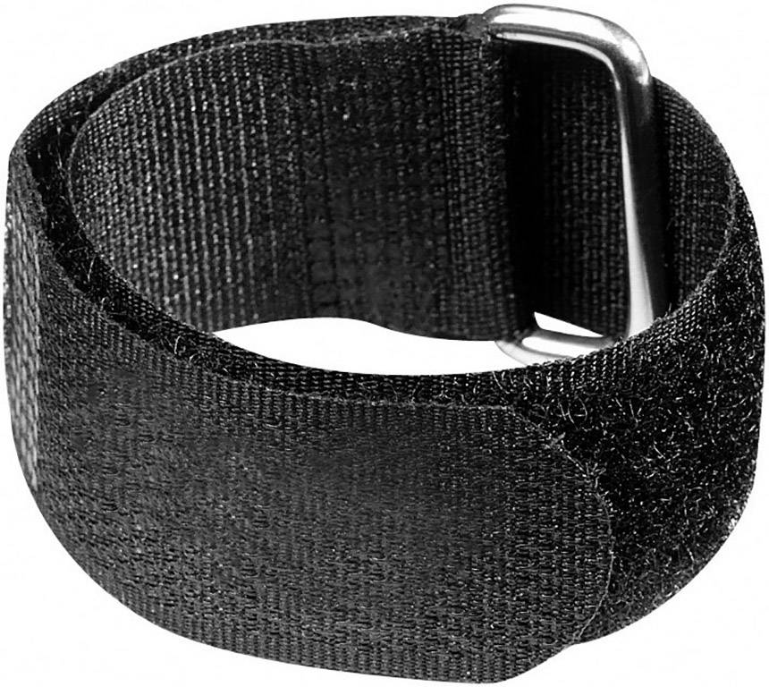 Schwarzes Klettband mit Metallschlaufe, aufgerollt zur Befestigung oder Organisation von Kabeln und Gegenständen.