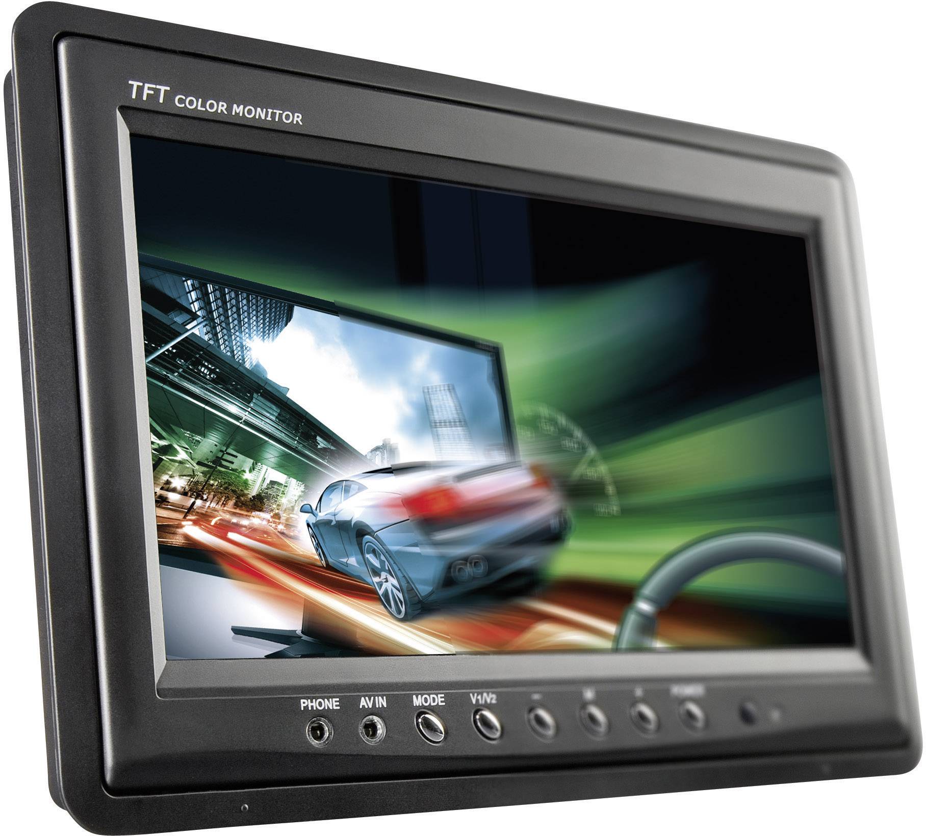 Ein schneller Sportwagen auf einem Bildschirm, der Geschwindigkeit und Bewegung zeigt. Der Monitor hat Tasten für verschiedene Eingänge.