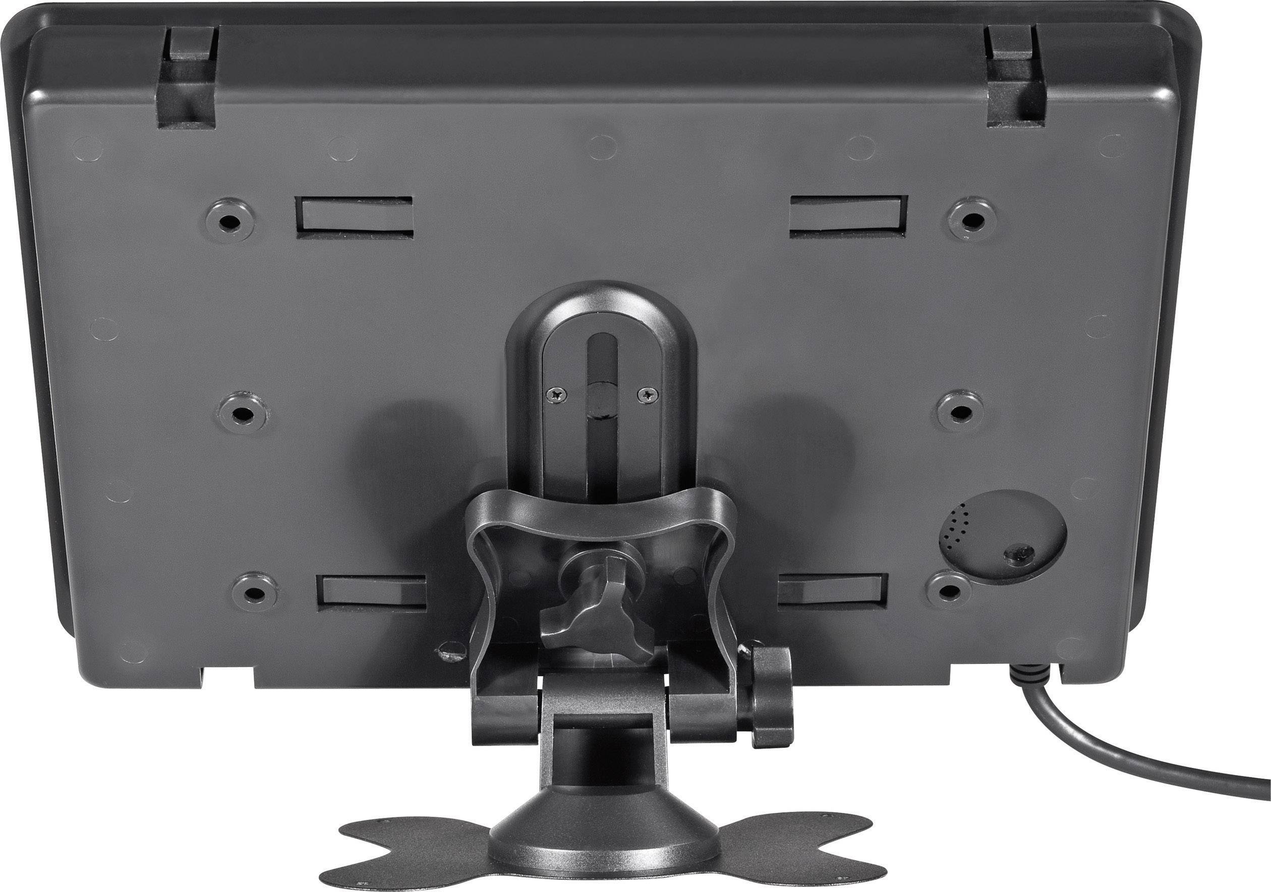 Eine schwarze, rechteckige Computermonitor-Rückseite mit Standfuß und Kabelanschluss unten rechts.