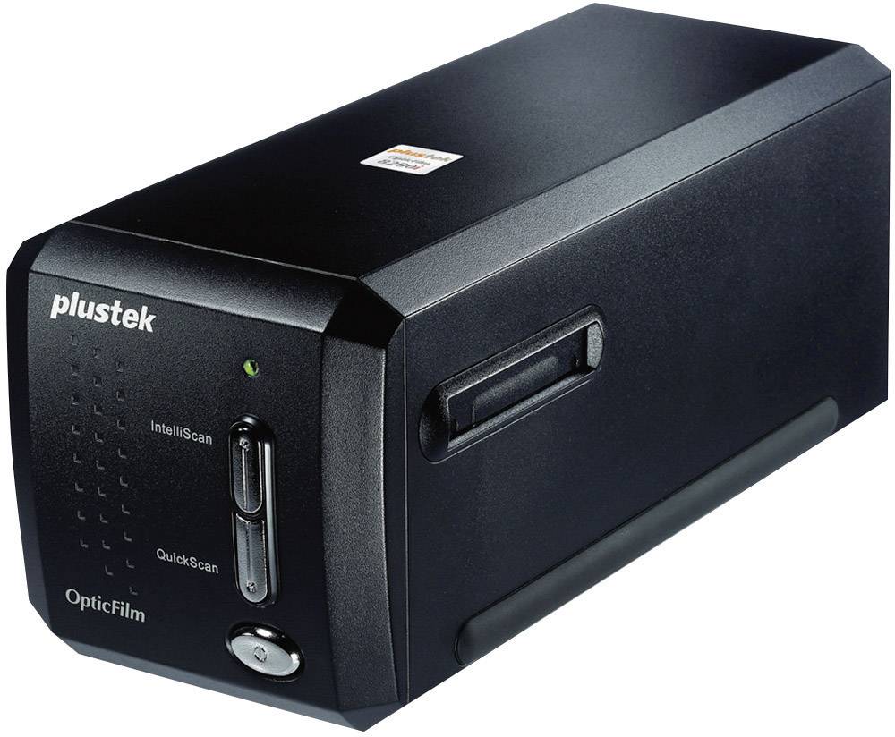 Schwarzer Filmscanner 'Plustek OpticFilm' mit zwei Tasten für IntelliScan und QuickScan, LED-Anzeige und Filmeinschub auf der Oberseite.