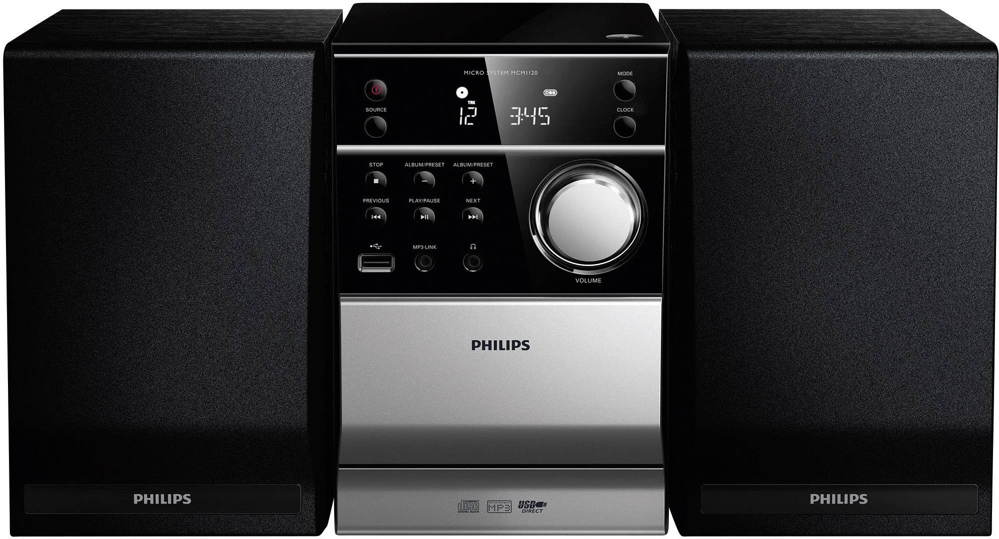Philips MCM1120 Stereoanlage AUX, CD, Kassette, UKW, USB, Schwarz, Silber