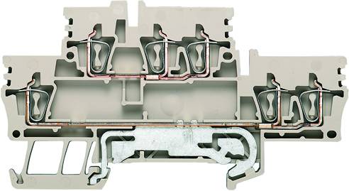 Querschnitt eines grauen elektrischen Klemmenblocks mit internen Kupferverbindungen, die die interne Struktur und Leitungsbahnen zeigen.