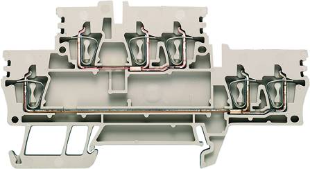 Querschnitt eines grauen Reihenklemmenblocks mit internen Kupferverbindungen sichtbar, zeigt Anschluss- und Montagepunkte.