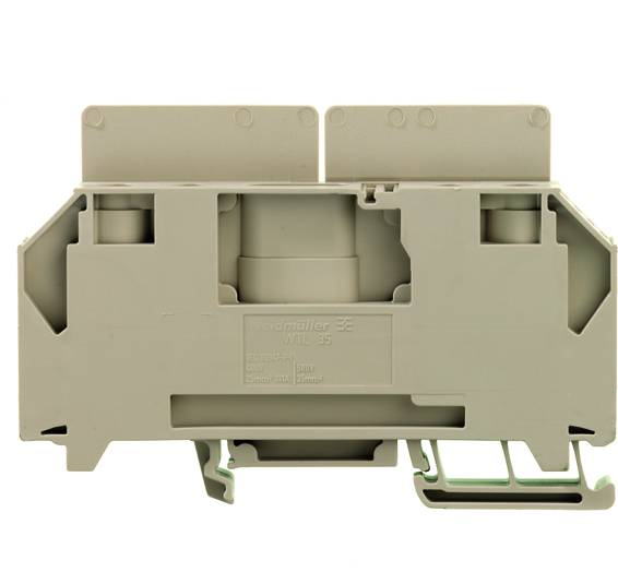 Heller grauer Isolatorblock mit industriellem Design, enthält Verbindungselemente für elektrischen Schaltkreis, abgebildet in Seitenansicht.