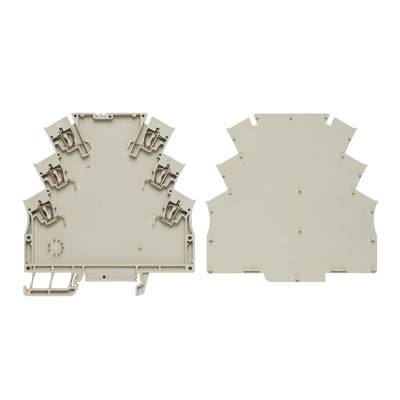 Ein brauner Kunststoffgehäusehalter mit mehreren Klemmen an den Seiten; Vorder- und Rückansicht.