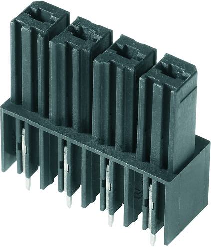 Ein schwarzer Elektronikstecker mit acht Metallstiften, vertikal ausgerichtet, vor einem weißen Hintergrund.