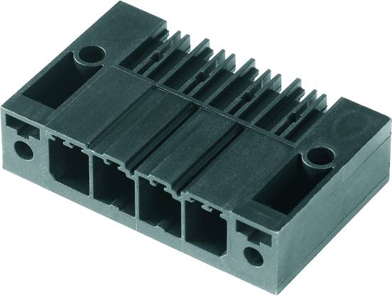 Ein schwarzer, rechteckiger Plastikstecker mit mehreren Steckplätzen und Rillen auf seiner Oberfläche, verwendet für elektrische Verbindungen.