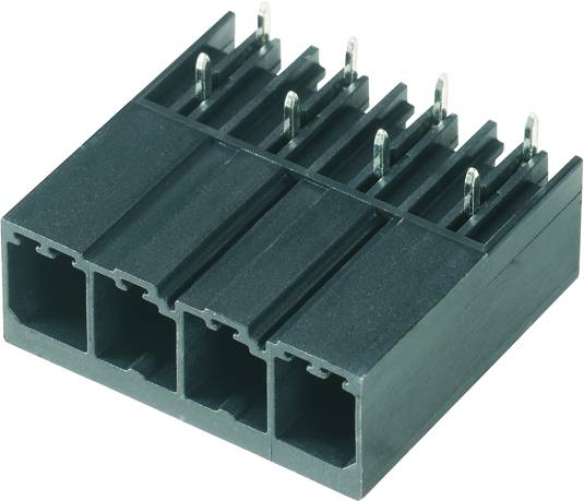 Ein schwarzer Kunststoff-Stecker mit vier rechteckigen Buchsen, jede mit Metallkontakten, geeignet für elektronische Verbindungen.