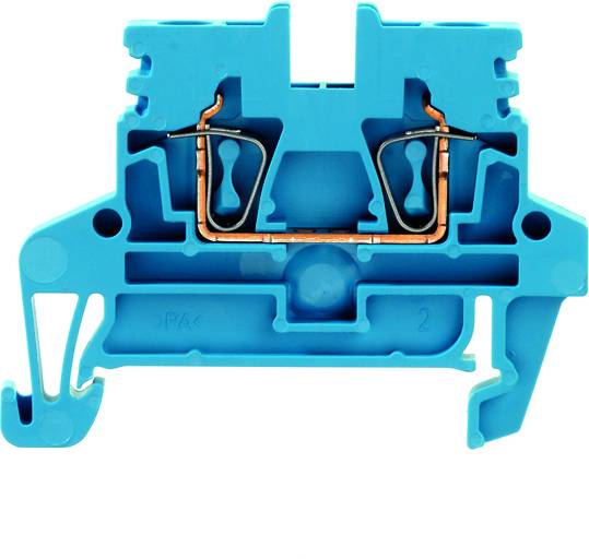 Klemmenblock aus blauem Kunststoff mit innenliegenden Kupferklemmen, die für elektrische Verbindungen genutzt werden.