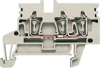 Querschnitt eines grauen Elektroanschlussblocks mit metallischen Kontakten und Schraubverbindungen, zeigt die interne Struktur.