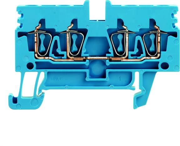 Blauer Reihenklemmblock mit Metallanschlüssen, zur elektrischen Verbindung von Drähten. Verwendet in Schalttafeln und Schaltschränken.