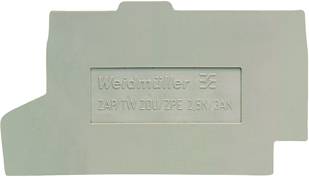 Ein graues Gehäusebauteil mit der Aufschrift 'Weidmüller' und technischen Spezifikationen für eine elektrische Verbindung.