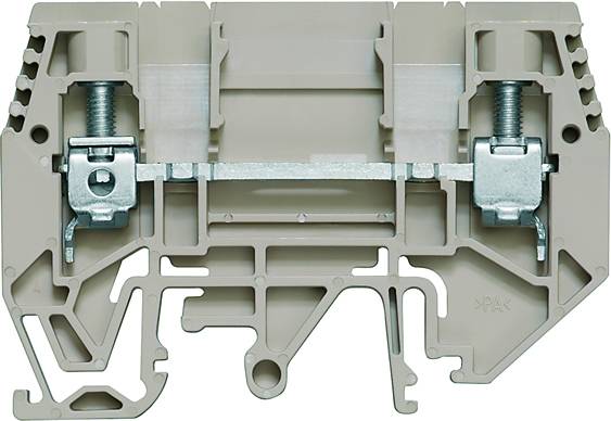 Ein elektrischer Reihenklemmenblock mit Schraubverbindungen und Montageelementen, beige Kunststoffgehäuse, auf Profilmontageschiene montierbar.