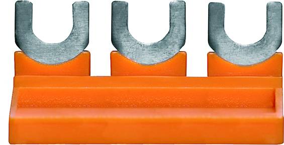 Ein orangefarbenes Kunststoffteil mit drei U-förmigen Metallklammern oben, möglicherweise ein Halter oder Organizer.