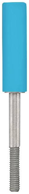 Ein zylindrischer Metallstab mit einem blauen, rechteckigen Kunststoffgriff an einem Ende.