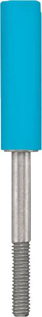 Ein Metallstift mit blauem Kunststoffkopf und Gewinde am unteren Ende, vermutlich zur Befestigung oder Verbindung von Bauteilen.