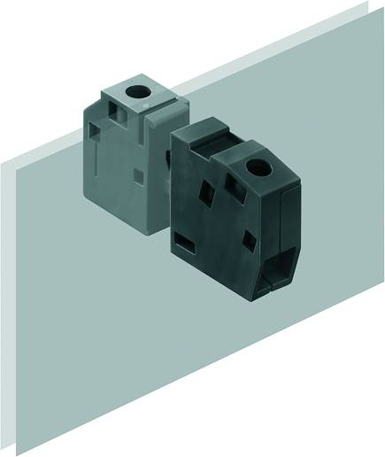 Zwei dunkelgraue Kunststoffklemmen an einer transparenten Platte befestigt, zeigen Montagelösung für Bauteile in technischen Anwendungen.