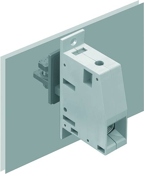 Ein grauer elektrischer Schalter mit Montageplatte, seitlich an einer Wand befestigt.