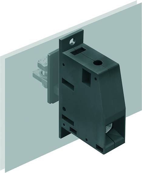 Ein schwarzes elektrisches Schaltelement ist an einer durchsichtigen montierenden Platte befestigt. Links ist ein Schraubbefestigungssystem sichtbar.
