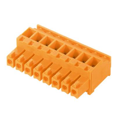 Gelber Kunststoff-Steckverbinder mit acht Anschlussbuchsen, verwendet für elektronische Verbindungen.